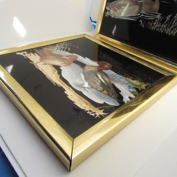 Vintage Pair Kafka Foiled Screened Etching Glass Art Ducks #1016 #1 - Picture 4 of 12